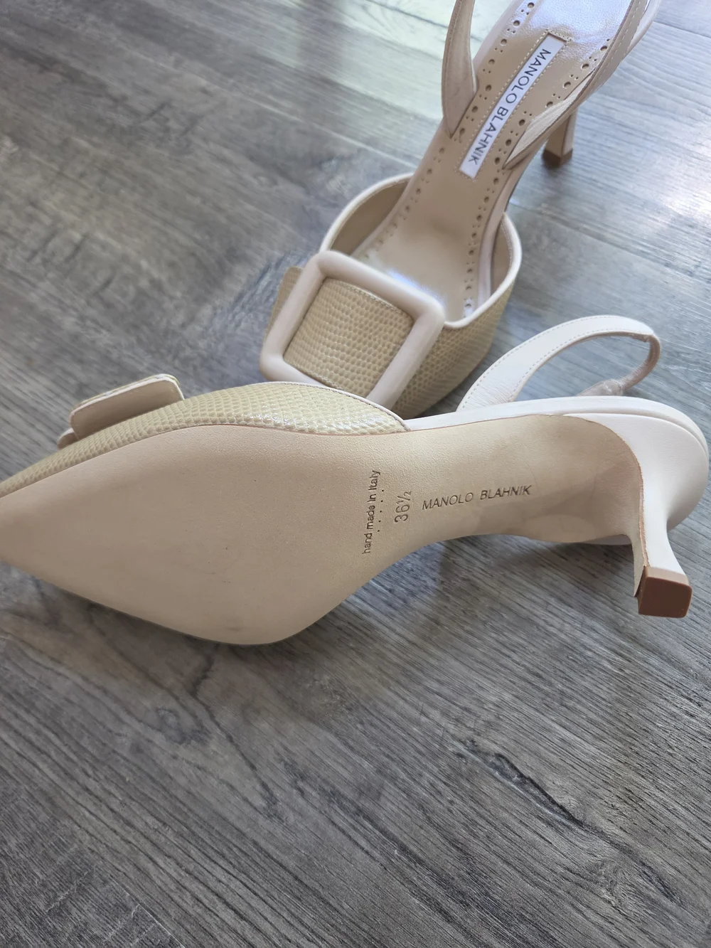 Light Beige Calf Leather Buckle Detail Slingback Pumps - Picture 6 of 10